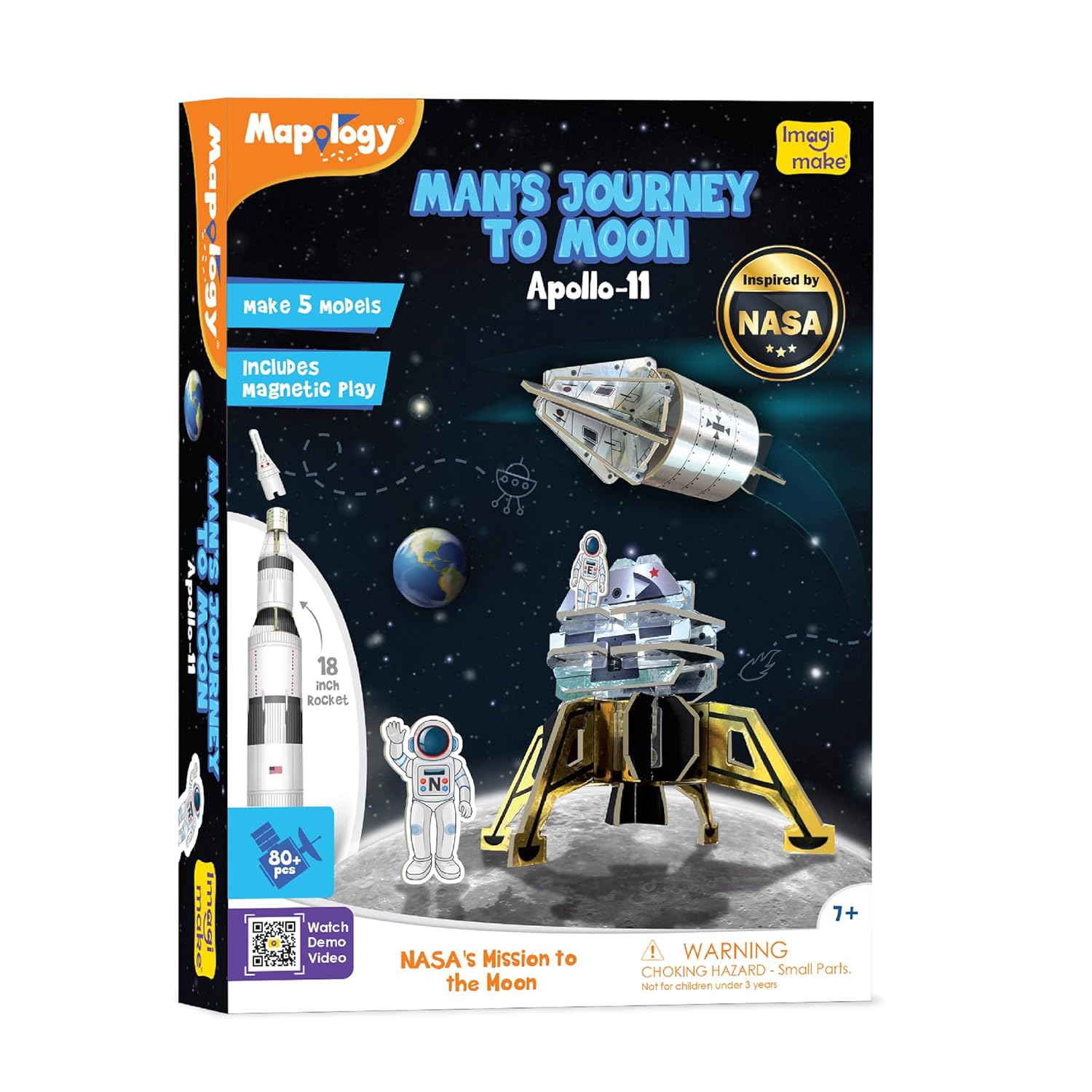 Imagimake Man's Journey to Moon | Mission Apollo 11 | Rocket & Satellite Model Making Set | 3D Puzzle Toy for Kids | Astronaut & Space Kit | Birthday Gift for Girls & Boys Ages 8,9,10,11,12,13