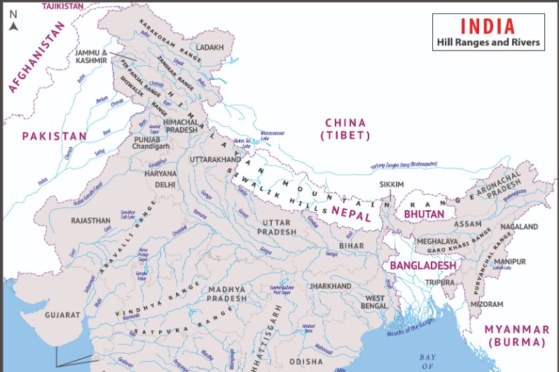 Map showing hill ranges and major rivers in India.