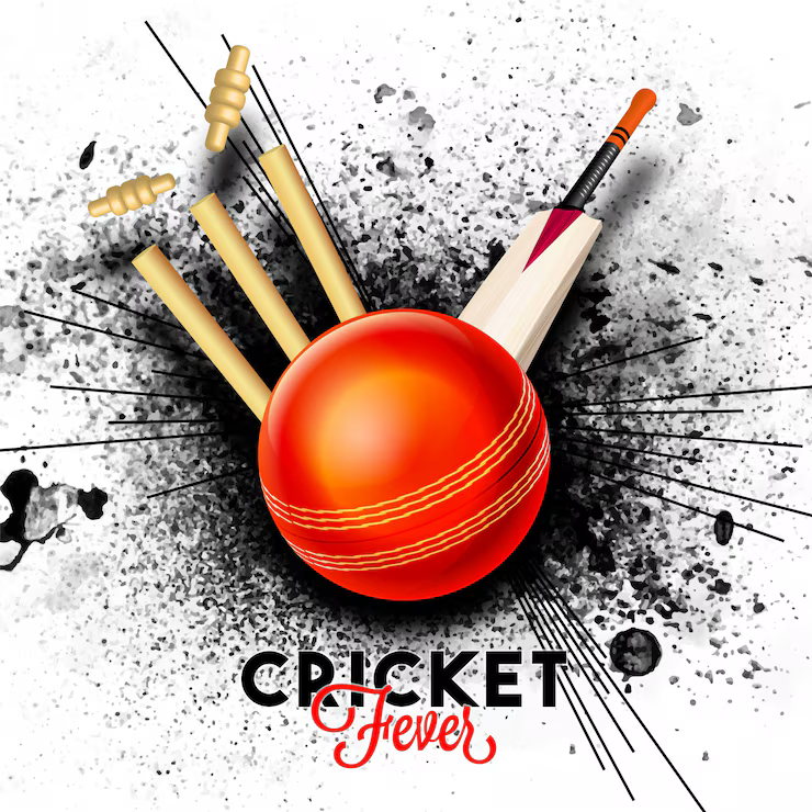 Red Ball hitting the wicket stumps with bat on black abstract splash background