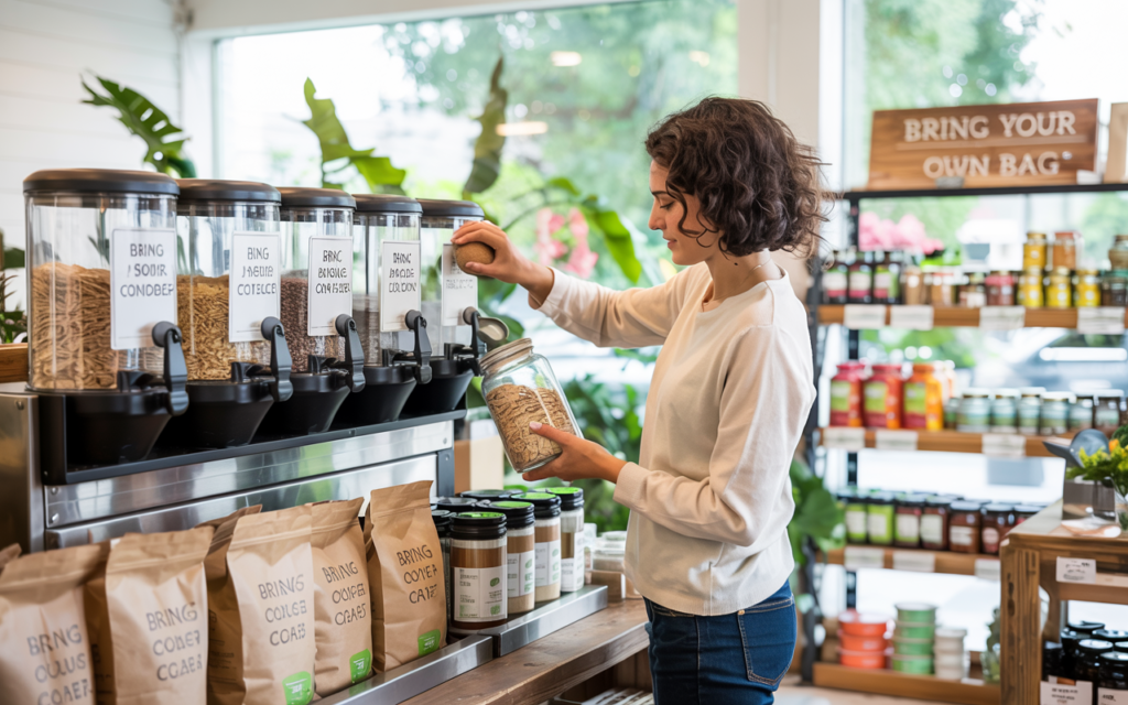 A photograph of a bright and inviting eco-conscious retail store emphasizing sustainable practices. The central focus is a customer refilling a large glass jar with organic oats from a stainless-steel dispenser labeled "“Bring Your Own Container”" at a prominent refill station near the front of the store. Behind the customer are shelves stocked with products packaged in kraft paper bags, glass jars, and recycled cardboard boxes, while a wooden sign encourages customers to ““Bring Your Own Bag””. Soft natural light streams through large windows illuminating the indoor plants and wooden fixtures, creating a clean and community-focused atmosphere.