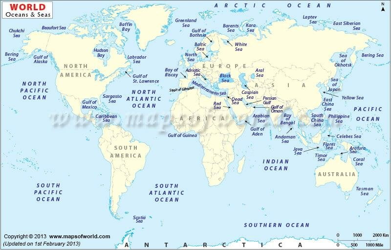 source: researchgate.net World Map showing the World Oceans,seas, bay and gulf
