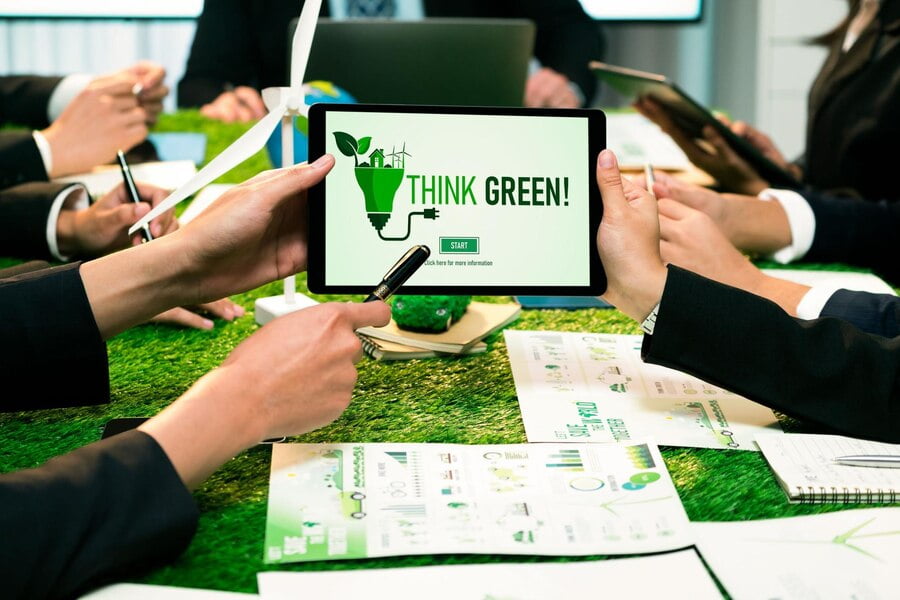 Diverse group of business people planning business marketing with environmental responsibility for greener ecology Productive teamwork contribute natural preservation and sustainable future Quaint