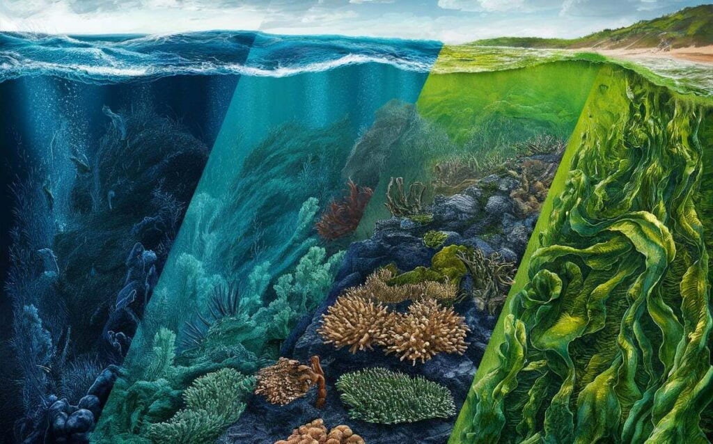 They contain chlorophyll, the pigment used in photosynthesis, which absorbs blue and red light but reflects green light, giving areas with high concentrations of phytoplankton a greenish hue.