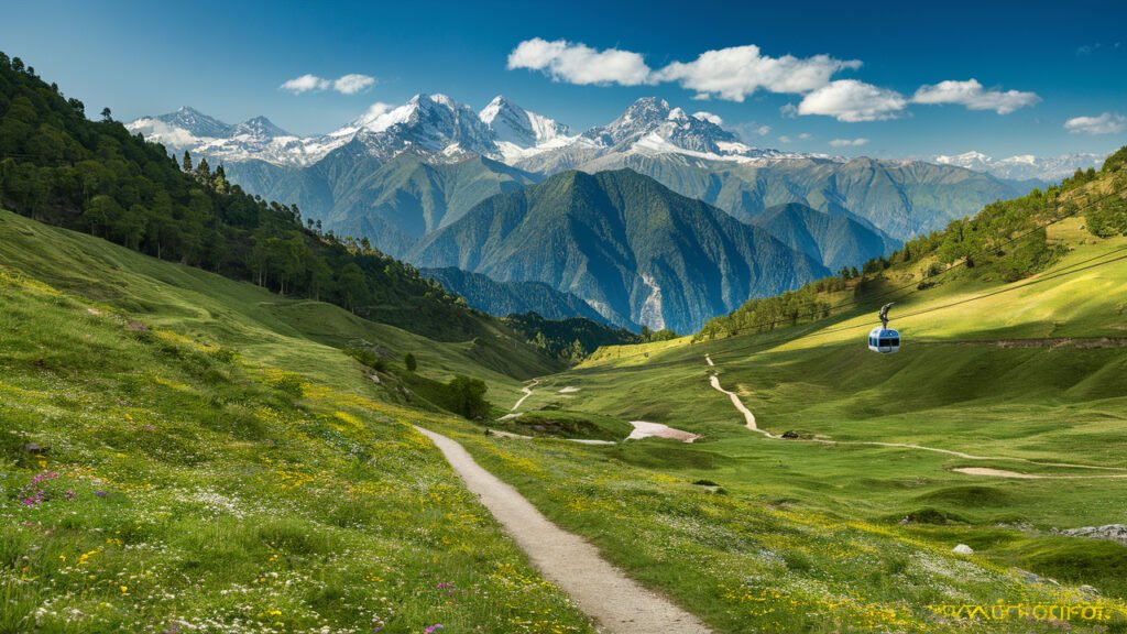 The Gulmarg Gondola, one of the highest cable cars in the world, offers panoramic views of the snow-covered peaks and lush green meadows during summer.