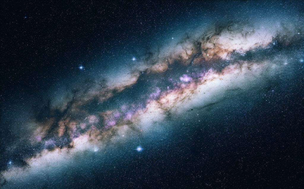 The Milky Way is a barred spiral galaxy that includes our Solar System. It appears as a hazy band of light in the night sky, formed by stars that are too distant to be individually distinguished by the naked eye.