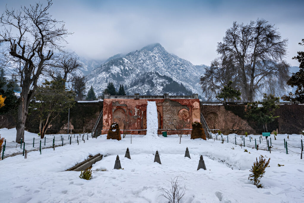 View of chashma shahi in winter season, Chashme Shahi is one of the Mughal gardens built in 1632 AD, srinagar, kashmir, India