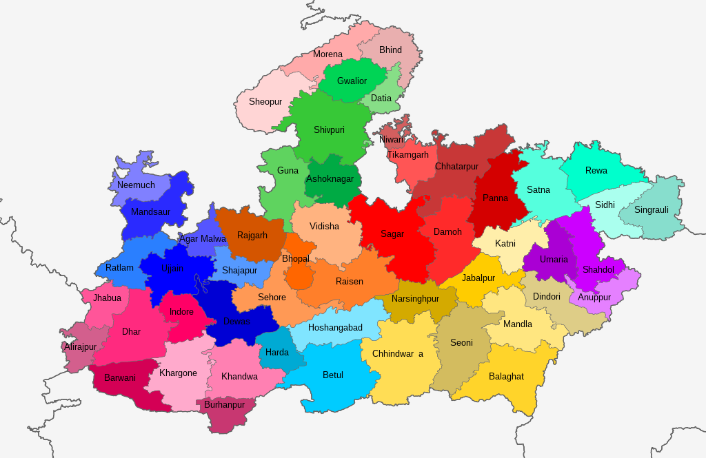 Map of districts of Madhya Pradesh, arranged by division.