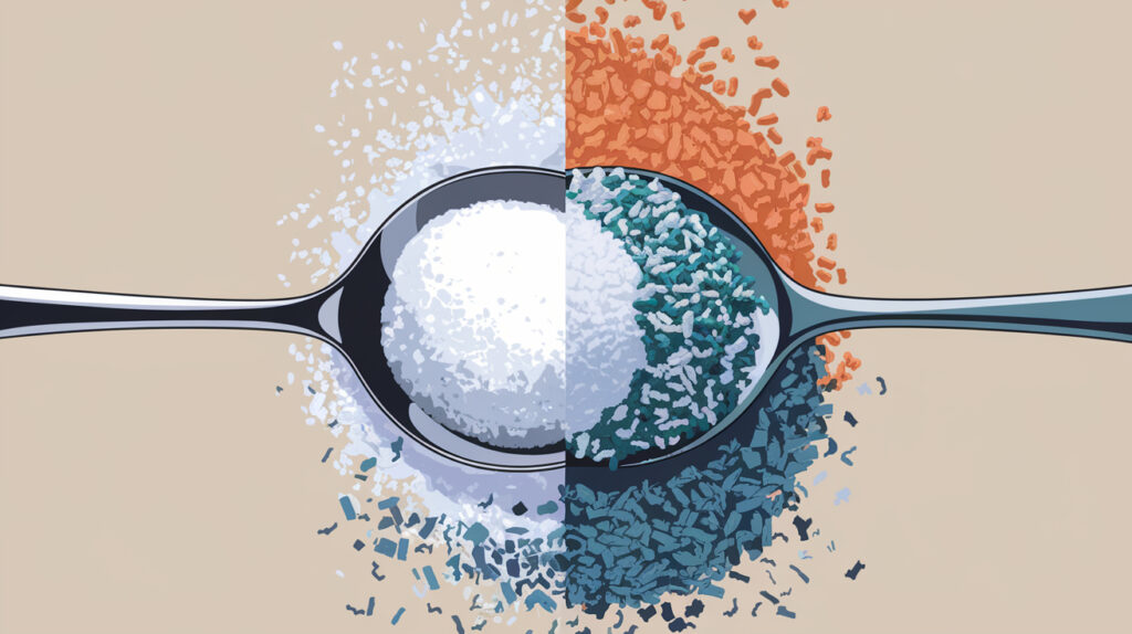 An illustration of a spoonful of salt, a spoonful of sugar, and a spoonful of microplastics. The salt and sugar are on the left and right,respectively, and the spoon holding the microplastics is in the middle. The microplastics are visible as tiny, shiny particles. The background is a beige color.