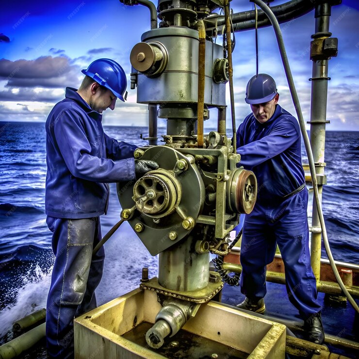 Two marine technicians work on a powerful machinery on a ship at sea showcasing the rugged nature of their job