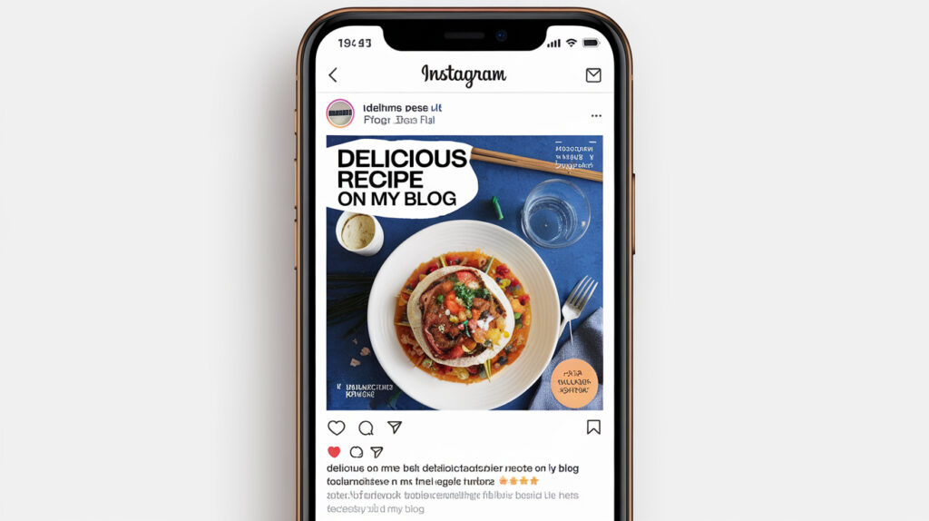 A photo of a smartphone screen displaying an Instagram post. The post contains a photo of a dish with the text "Delicious recipe on my blog". There's a link to the blog in the Instagram post's caption.