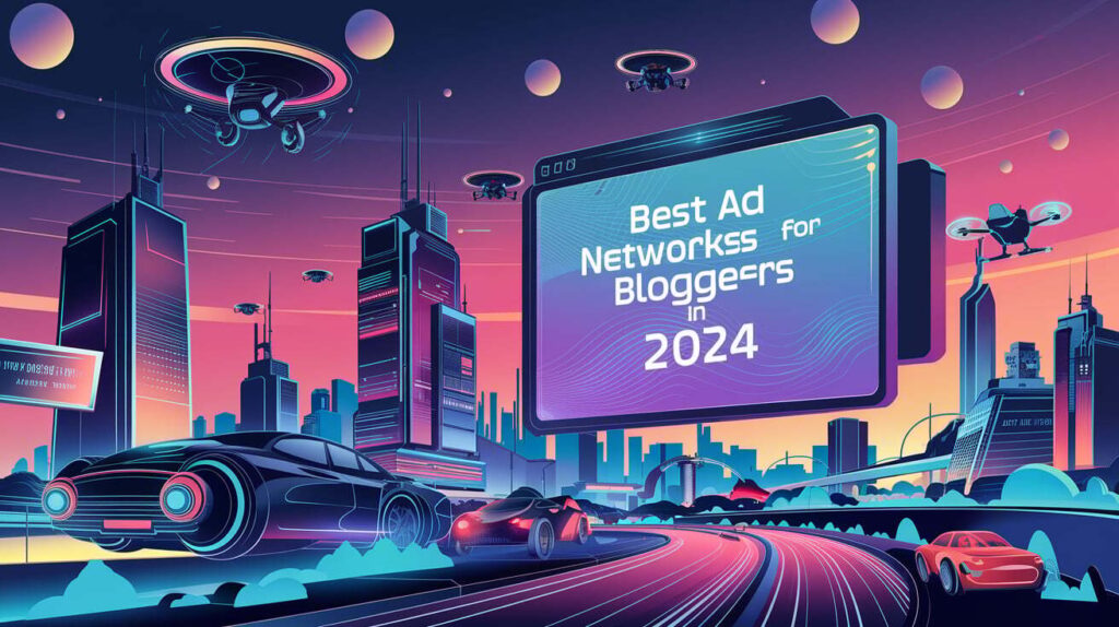 A digital illustration of a futuristic city with flying cars, tall skyscrapers, and a glowing city. The sky is filled with floating orbs of light. There are drones flying around the city. A large screen displays the text "Best Ad Networks for Bloggers in 2024".