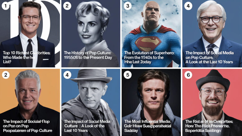Top 10 Richest Celebrities: Who Made the List?" - a blog post about the top 10 richest celebrities. 2. "The History of Pop Culture: From the 1950s to the Present Day" - a blog post about the history of pop culture. 3. "The Evolution of the Superhero: From the 1940s to Today" - a blog post about the evolution of the superhero. 4. "The Impact of Social Media on Pop Culture: A Look at the Last 10 Years" - a blog post about the impact of social media on pop culture. 5. "The Most Influential Pop Culture Icons of the 21st Century" - a blog post about the most influential pop culture icons of the 21st century. 6. "The Rise of Streaming Services: How They Changed the Entertainment Industry" - a blog post about the rise of streaming services and how they changed the entertainment industry