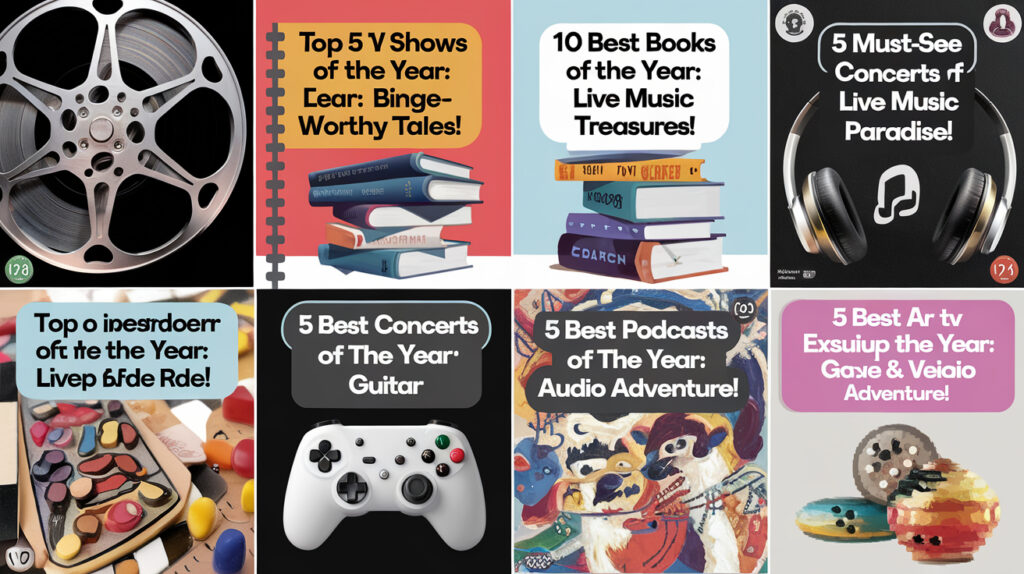 10 Must-See Movies of the Year: A Cinematic Adventure!" with a background of a movie reel. 2. "Top 5 TV Shows of the Year: Binge-Worthy Tales!" with a background of a remote control. 3. "10 Best Books of the Year: Literary Treasures!" with a background of a stack of books. 4. "5 Must-See Concerts of the Year: Live Music Magic!" with a background of a guitar. 5. "10 Best Video Games of the Year: A Gamer's Paradise!" with a background of a controller. 6. "5 Best Podcasts of the Year: Audio Adventures!" with a background of headphones. 7. "Top 10 Board Games of the Year: Family Fun Night!" with a background of a board game. 8. "5 Best Art Exhibitions of the Year: Visual Masterpieces!" with a background of a painting. 9. "10