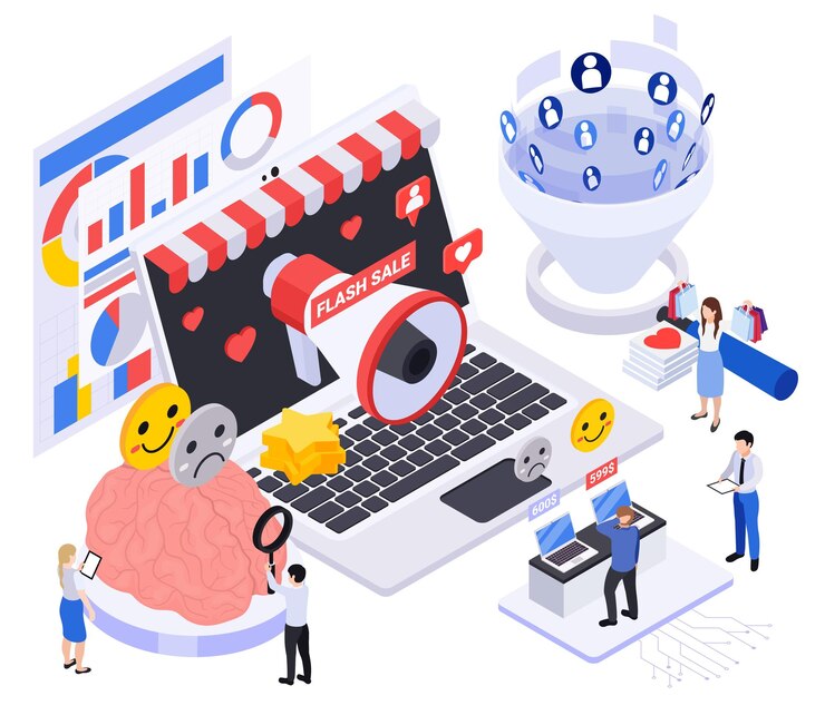 Neuromarketing isometric concept with people studying customers behaviour during shopping vector illustration