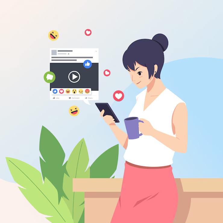 Sharing content on social media with woman holding smartphone