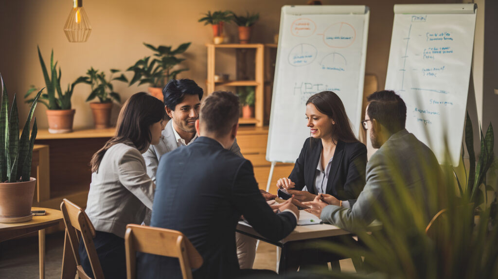 A photo of a meeting of business professionals. There is a man with black hair and a woman with brown hair sitting at a table. They are discussing corporate blogging strategies. The room has a modern design with wooden furniture and potted plants. There is a whiteboard with notes written on it. The lighting is warm.