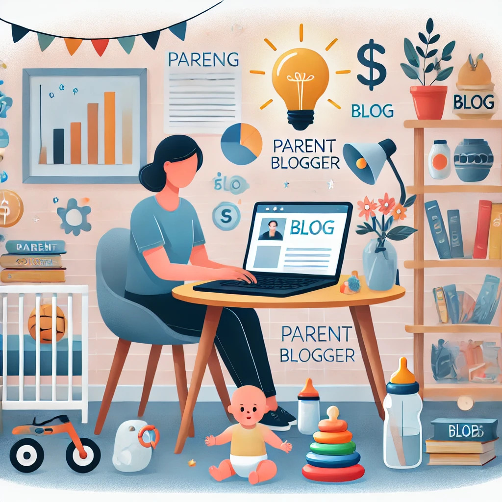 Here is an illustration depicting "Monetizing a Parenting Blog Through Product Reviews." It highlights a parent blogger surrounded by relevant products, a laptop displaying a blog, and subtle indicators of monetization like charts and dollar symbols. The cozy ambiance emphasizes warmth and creativity.