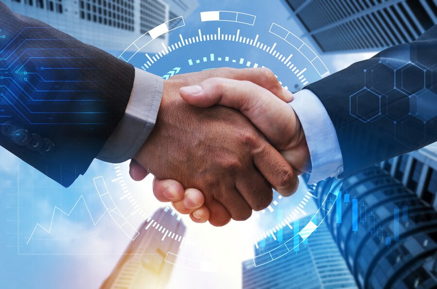 Business man handshake with global network link connection, graph chart of stock market graphic diagram and city background, digital technology, internet communication, teamwork, partnership concept