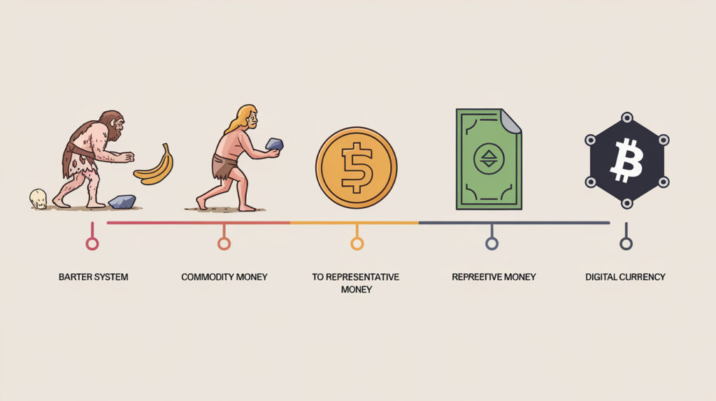 A timeline of money evolution, starting with barter system, moving to commodity money, then to representative money, and finally to digital currency. The timeline is illustrated with a caveman trading a rock for a banana, a gold coin, a paper bill, and a digital currency logo.