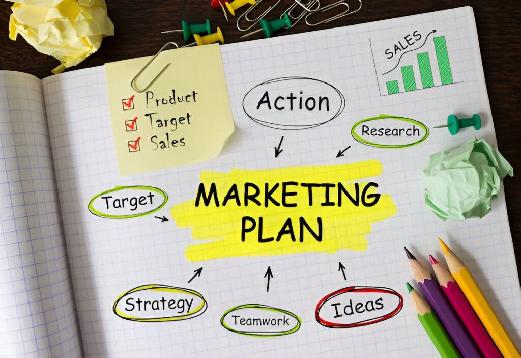 Notebook with Toolls and Notes about Marketing Plan,concept