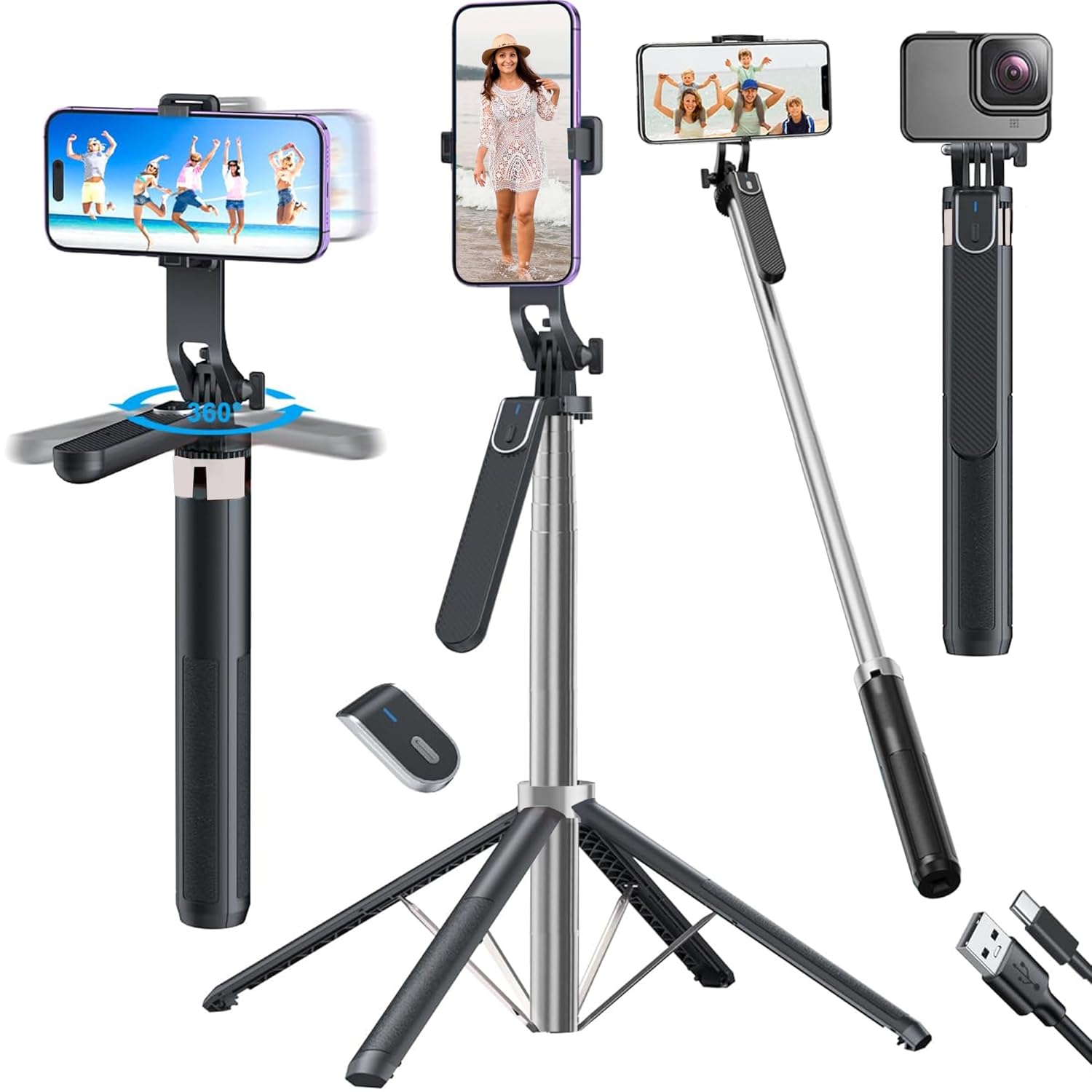 Selfie Stick Tripod with Reinforced 4-Leg Tripod Stand Comes with 360° Rotatable Handle for Panoramic Shots with Detachable BT.