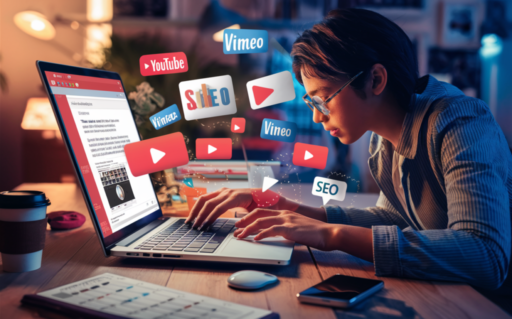 An engaging digital illustration of a modern blogger working on a laptop, integrating video content into a blog. The screen displays a blog post with an embedded video player, surrounded by floating icons of YouTube, Vimeo, play buttons, and SEO analytics. A cozy and well-lit workspace with a coffee cup, smartphone, and a content calendar is in the background. The overall theme is vibrant and futuristic, representing digital content creation and multimedia integration.