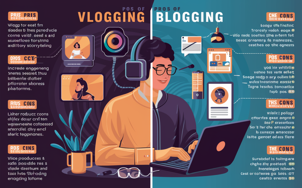 A visually appealing and informative infographic comparing the pros and cons of vlogging and blogging. The graphic features a split image, with a person recording a vlog on one side and a person typing on a laptop on the other. The pros of vlogging include the ability to connect with audiences through visual and auditory storytelling, increased engagement, and the potential to reach a wider audience through video sharing platforms. The cons of vlogging involve the need for technical equipment, higher production costs, and time-consuming editing processes. The pros of blogging include the ability to connect with audiences through written content, lower production costs, and the ability to easily update and maintain content. The cons of blogging involve the need for strong writing skills, potential difficulty in attracting and retaining an audience, and the time-consuming nature of content creation and SEO optimization.