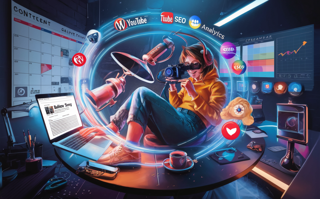 The image features a person sitting at a modern workspace with a laptop displaying a blog post and a camera recording a YouTube video. Floating icons of YouTube, WordPress, SEO, analytics, and social media surround the creator, symbolizing content growth and digital strategy. The background includes elements like a content calendar, video editing tools, and a progress graph indicating growth. The overall theme is energetic, futuristic, and visually appealing, representing productivity and online success."